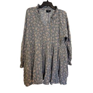 VICI Floral Print Long Sleeve Tunic Dress Womens Large Blue White Lightweight